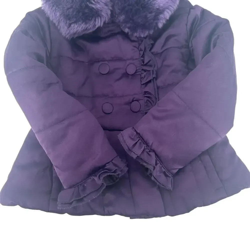 Rothschild Winter Coat Girls Purple Faux Fur Hooded Peplum Puffer Ruffle Size S